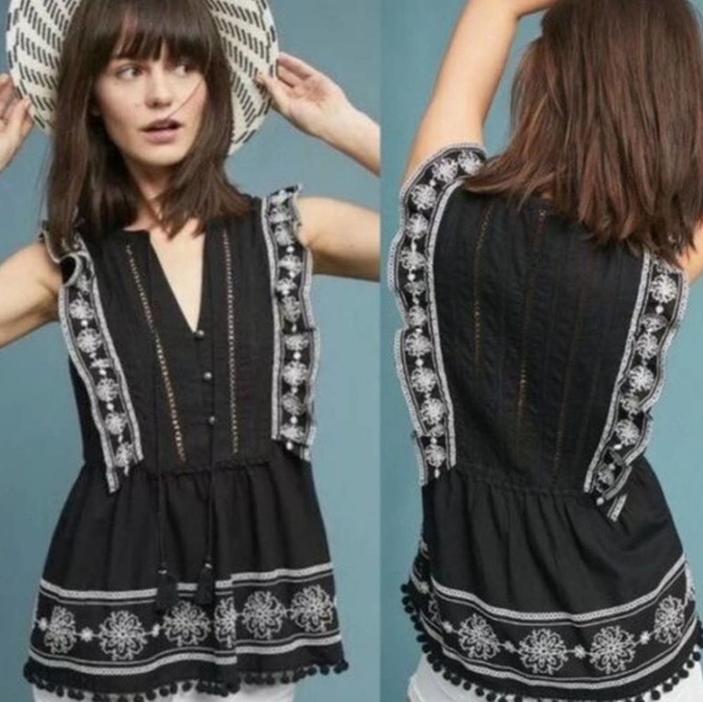 Anthropologie Akemi + Kin Adelina Embroidered BoHo Peasant Sleeveless Blouse 4